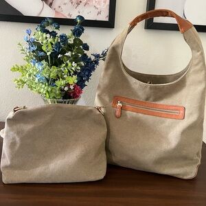 Joy Susan Khaki Canvas Hobo Bag + Bonus Bag | Vegan Brown Leather
